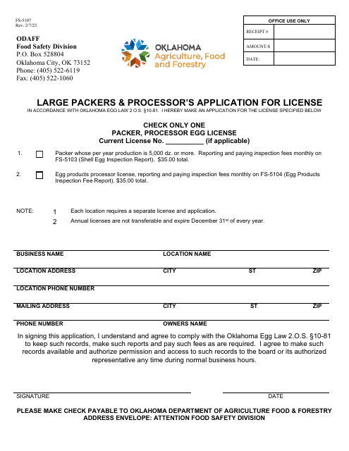 Form FS-5107 Large Packers & Processor's Application for License - Oklahoma