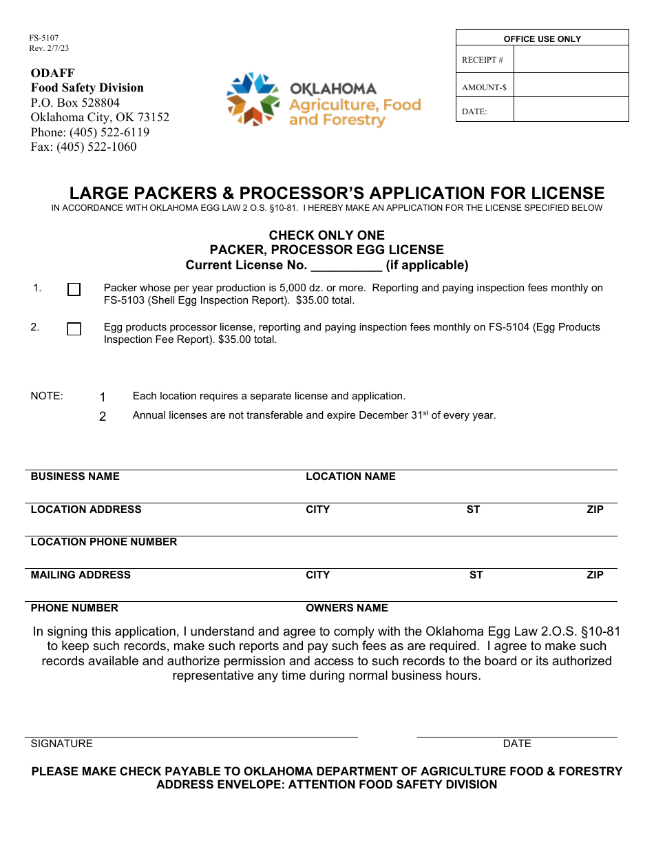 Form FS-5107 Large Packers  Processors Application for License - Oklahoma, Page 1