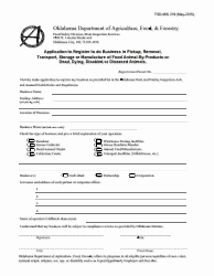 Document preview: Form FSD-MIS219 Application to Register to Do Business in Pickup, Removal, Transport, Storage or Manufacture of Food Animal by-Products or Dead, Dying, Disabled or Diseased Animals - Oklahoma