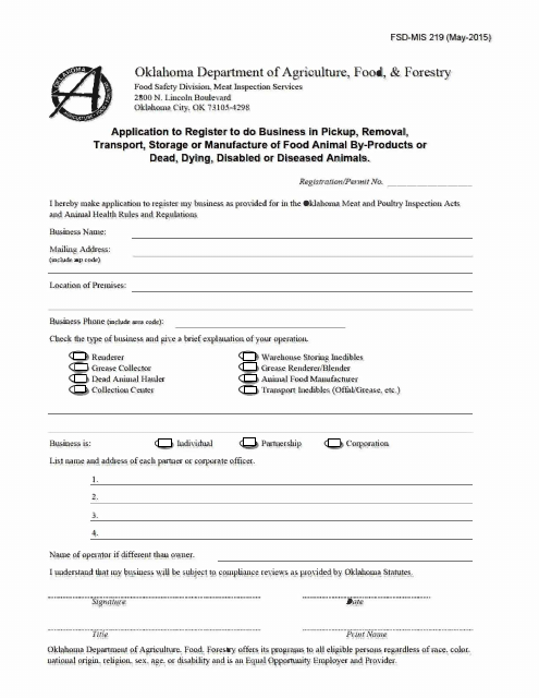 Form FSD-MIS219 Application to Register to Do Business in Pickup, Removal, Transport, Storage or Manufacture of Food Animal by-Products or Dead, Dying, Disabled or Diseased Animals - Oklahoma