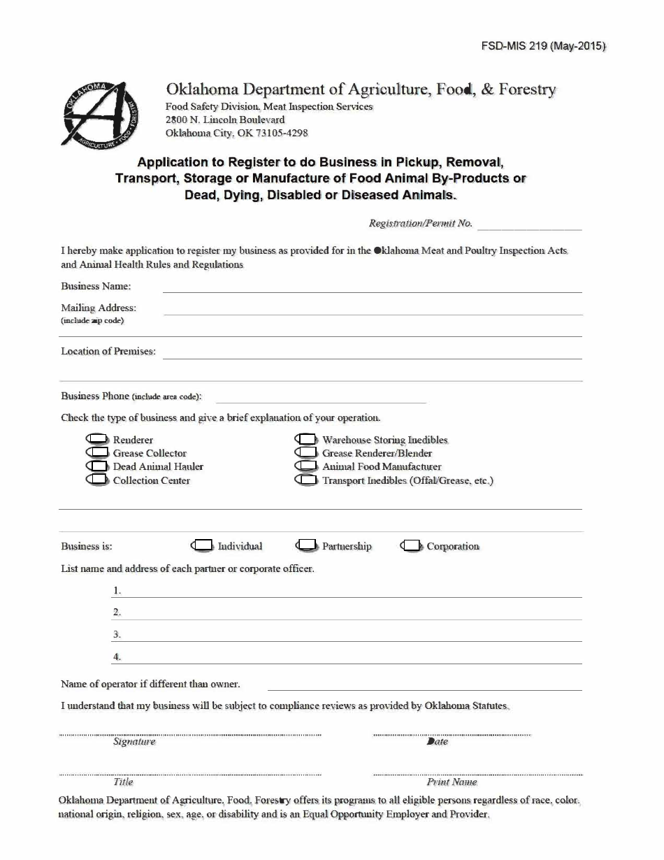 Form FSD-MIS219 Application to Register to Do Business in Pickup, Removal, Transport, Storage or Manufacture of Food Animal by-Products or Dead, Dying, Disabled or Diseased Animals - Oklahoma, Page 1