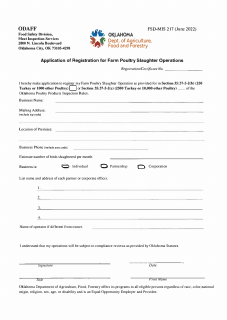 Form FSD-MIS217 Application of Registration for Farm Poultry Slaughter Operations - Oklahoma
