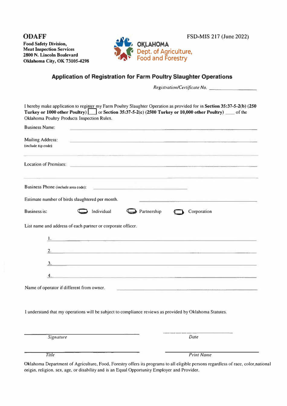 Form FSD-MIS217 Application of Registration for Farm Poultry Slaughter Operations - Oklahoma, Page 1