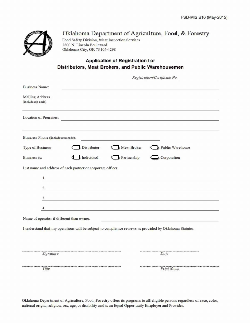 Form FSD-MIS216 Application of Registration for Distributors, Meat Brokers, and Public Warehousemen - Oklahoma