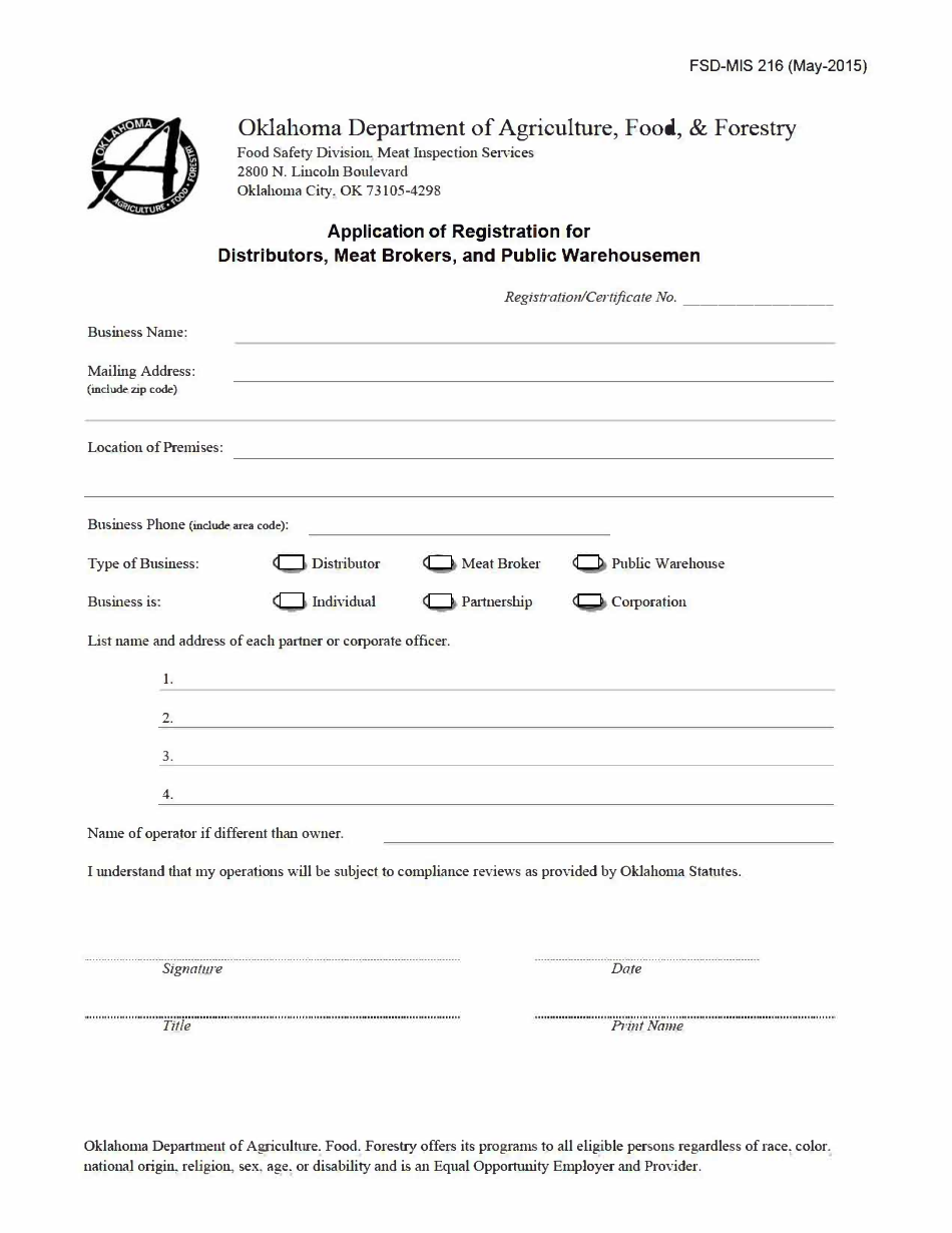 Form FSD-MIS216 Application of Registration for Distributors, Meat Brokers, and Public Warehousemen - Oklahoma, Page 1