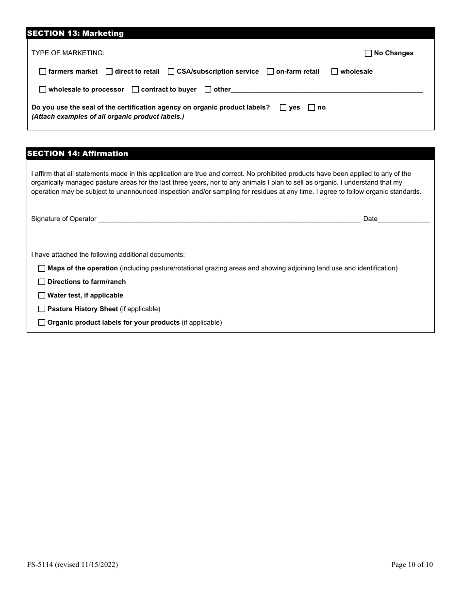 Form FS-5114 Organic Livestock Plan Application: Slaughter / Dairy - Oklahoma, Page 10