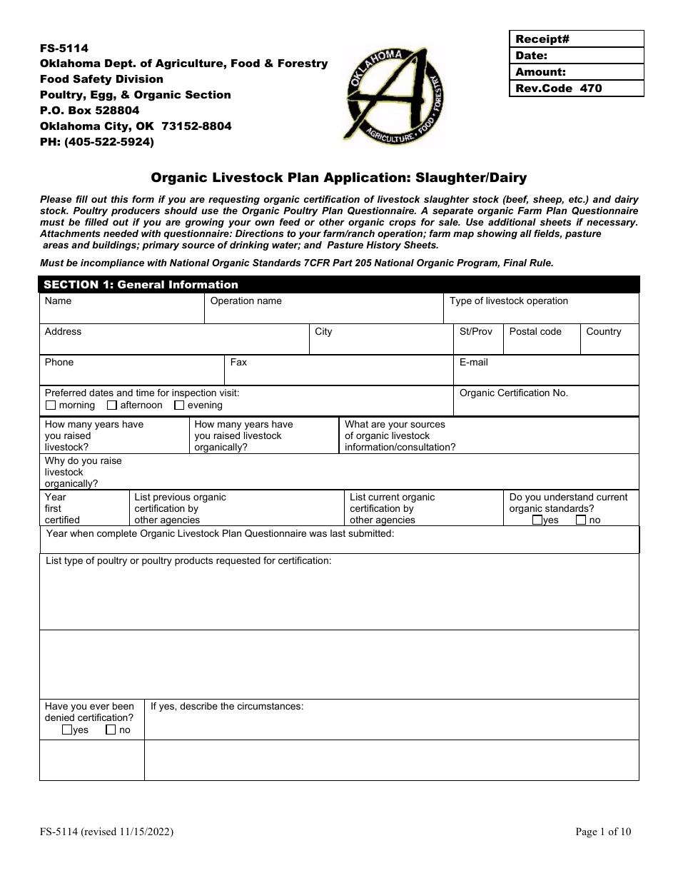 Form FS-5114 Organic Livestock Plan Application: Slaughter / Dairy - Oklahoma, Page 1