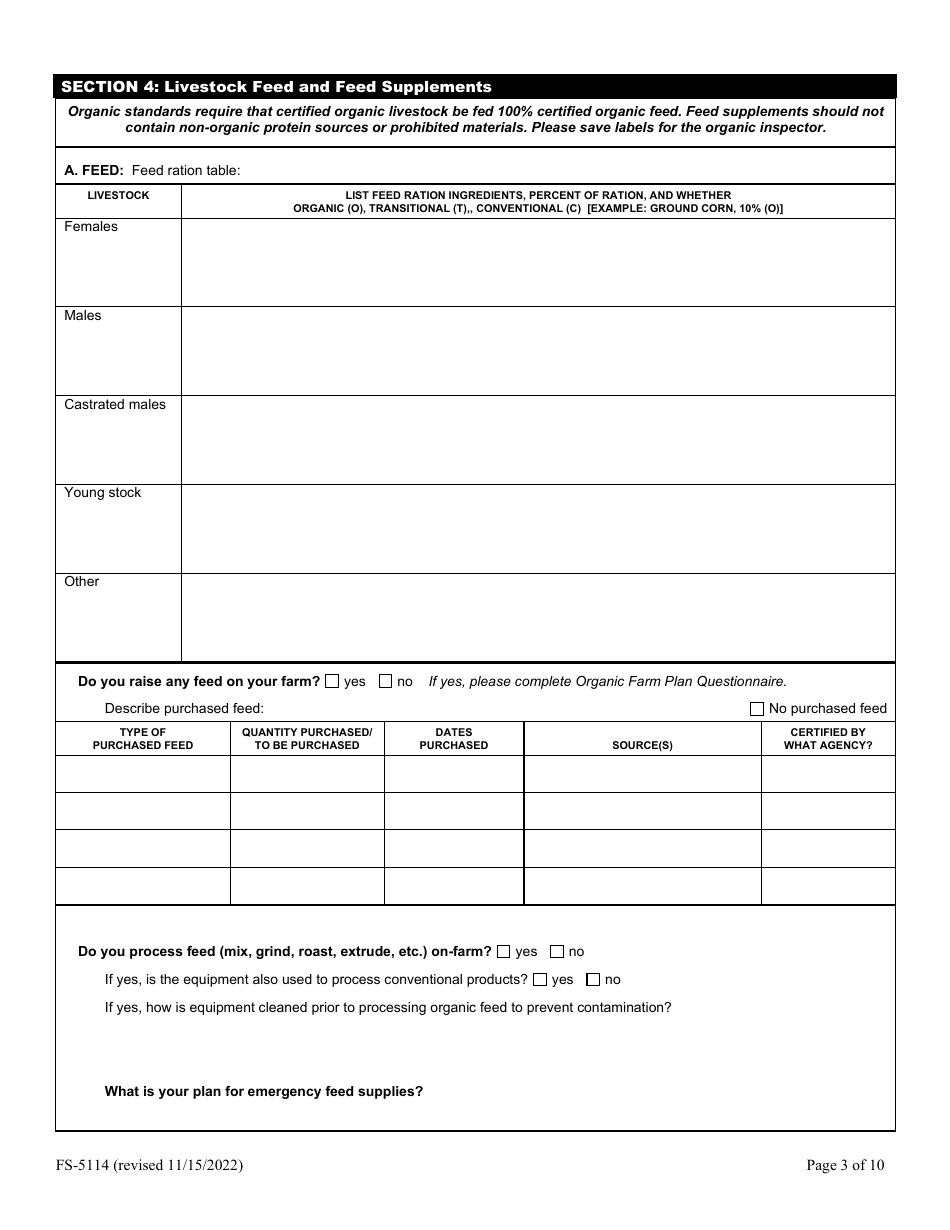 Form FS-5114 Organic Livestock Plan Application: Slaughter / Dairy - Oklahoma, Page 3