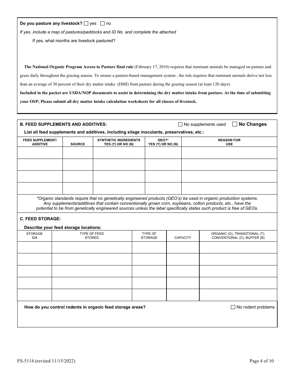 Form FS-5114 Organic Livestock Plan Application: Slaughter / Dairy - Oklahoma, Page 4