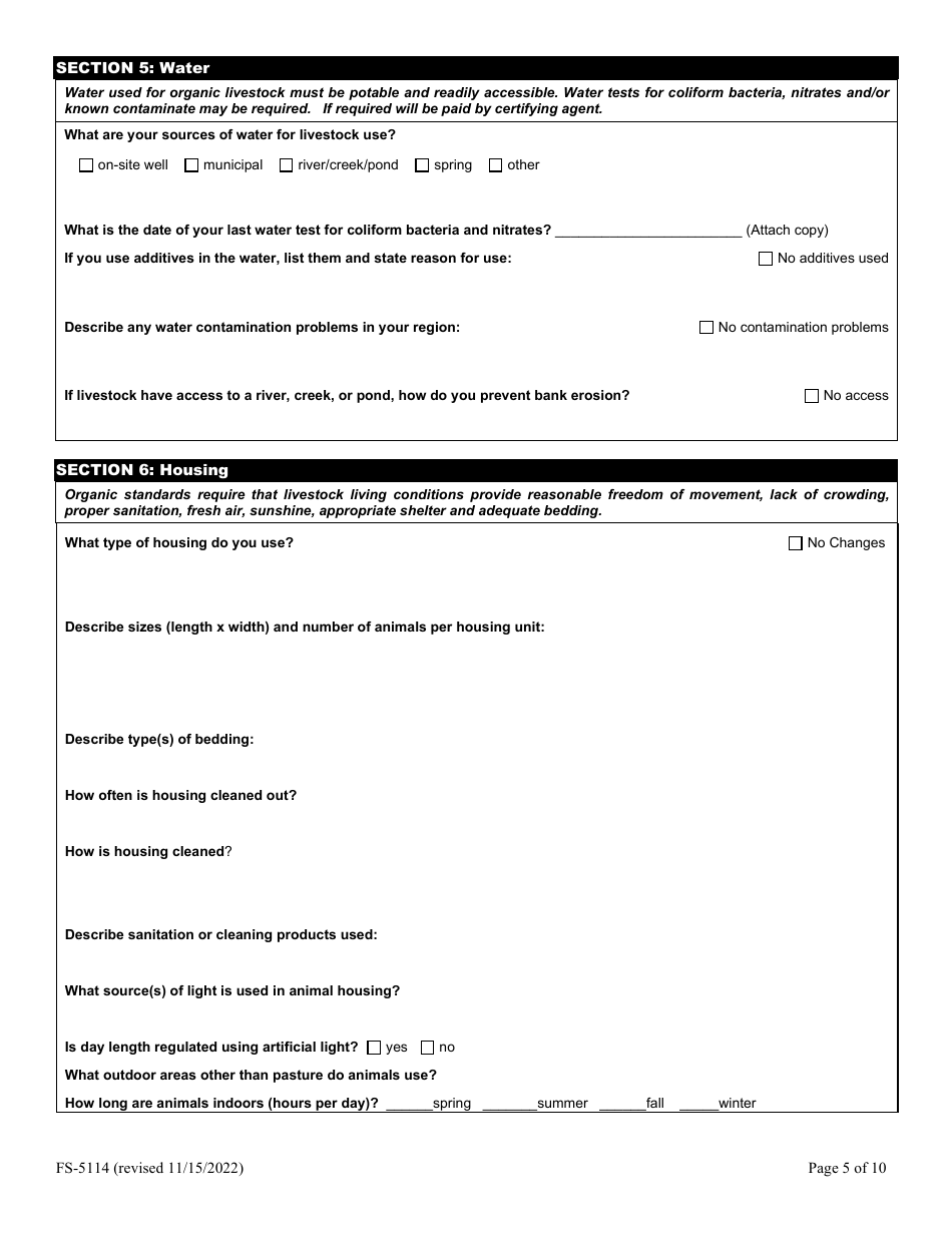 Form FS-5114 Organic Livestock Plan Application: Slaughter / Dairy - Oklahoma, Page 5