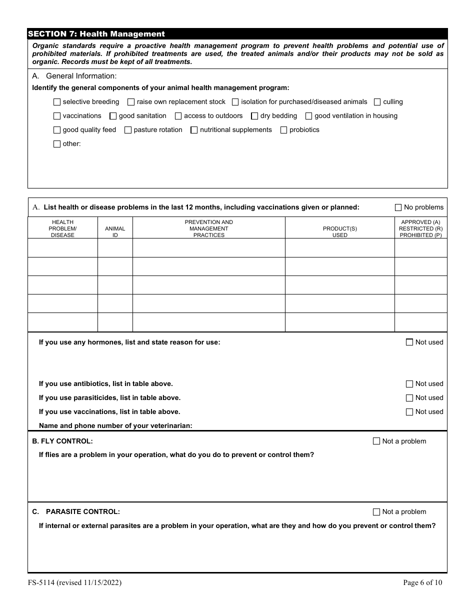Form FS-5114 Organic Livestock Plan Application: Slaughter / Dairy - Oklahoma, Page 6