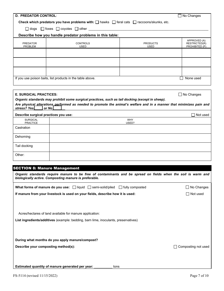 Form FS-5114 Organic Livestock Plan Application: Slaughter / Dairy - Oklahoma, Page 7