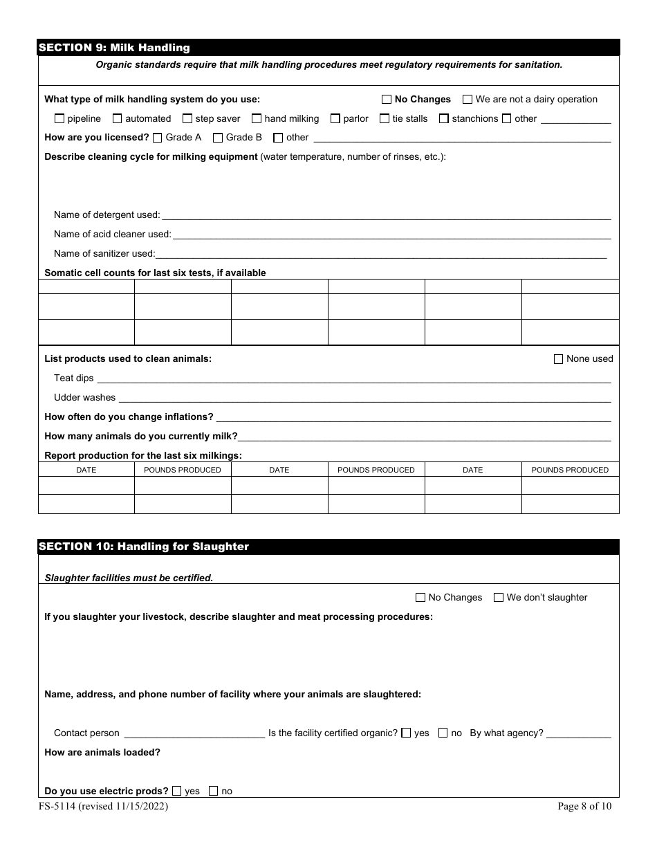 Form FS-5114 Organic Livestock Plan Application: Slaughter / Dairy - Oklahoma, Page 8