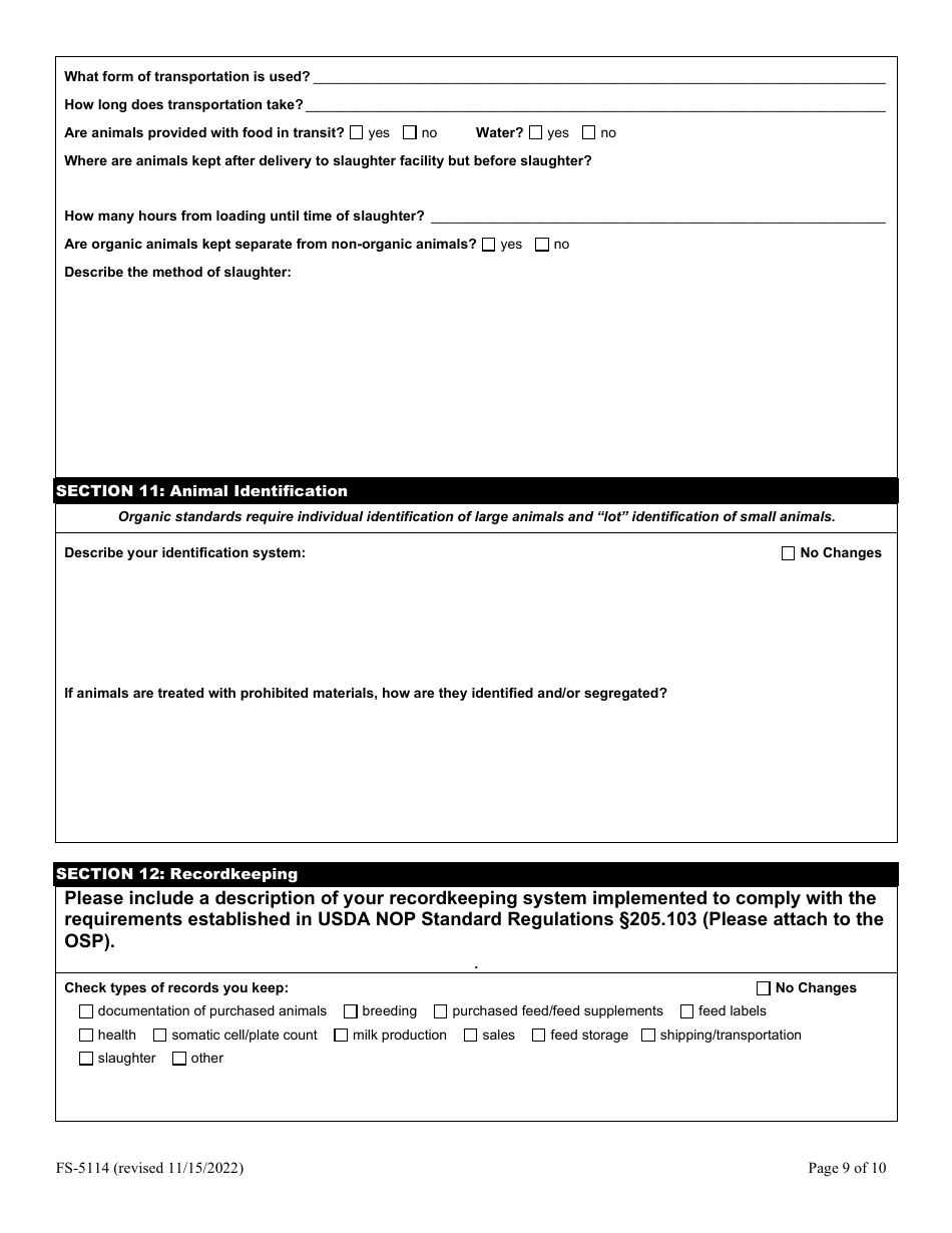 Form FS-5114 Organic Livestock Plan Application: Slaughter / Dairy - Oklahoma, Page 9