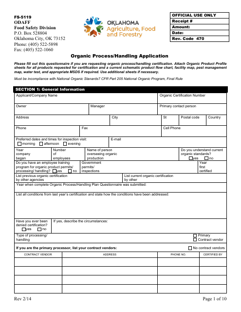 Form FS-5119 Organic Process/Handling Application - Oklahoma