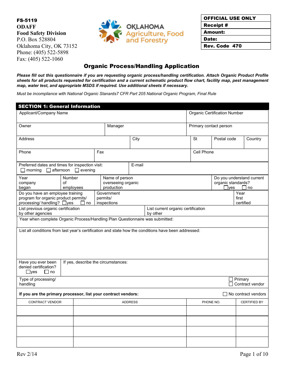 Form FS-5119 Organic Process / Handling Application - Oklahoma, Page 1