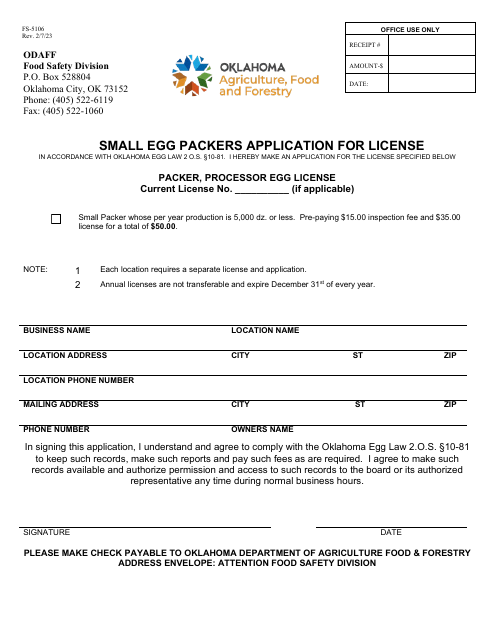 Form FS-5106 Small Egg Packers Application for License - Oklahoma