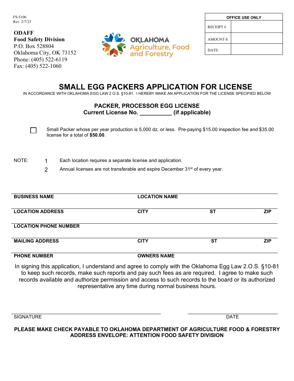 Form FS-5106 Small Egg Packers Application for License - Oklahoma, Page 1