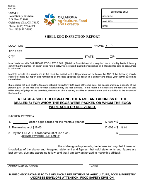 Form FS-5103 Shell Egg Inspection Report - Oklahoma