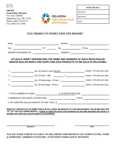 Form FS-5104 Egg Products Inspection Fee Report - Oklahoma