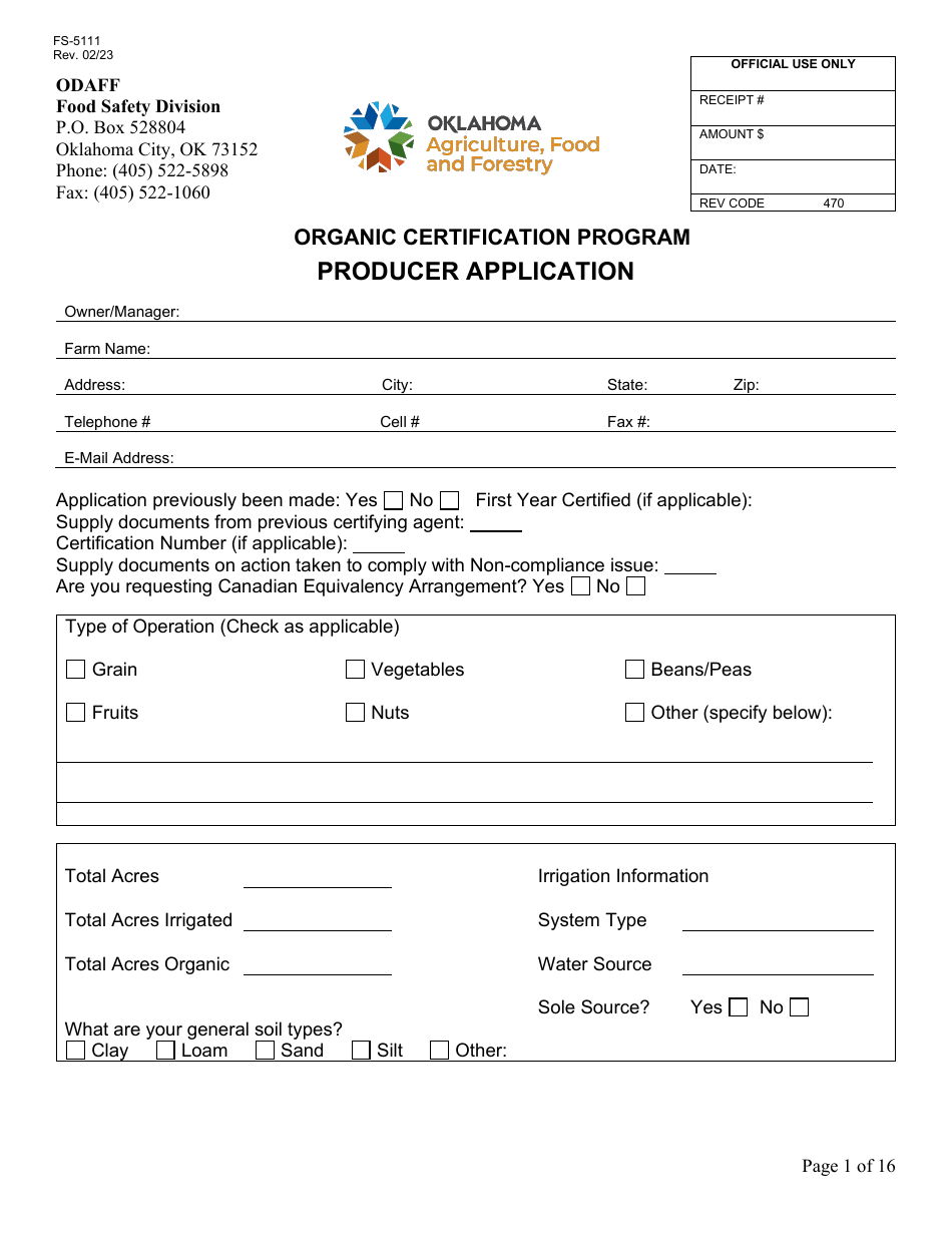 Form FS-5111 Producer Application - Organic Certification Program - Oklahoma, Page 1