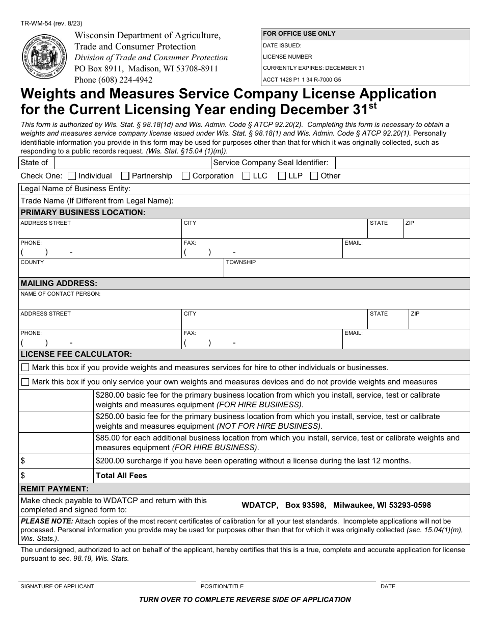 Form TR-WM-54 Weights and Measures Service Company License Application - Wisconsin, Page 3