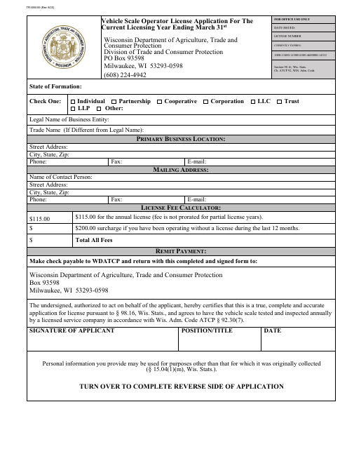 Form TR-WM-55 Vehicle Scale Operator License Application - Wisconsin