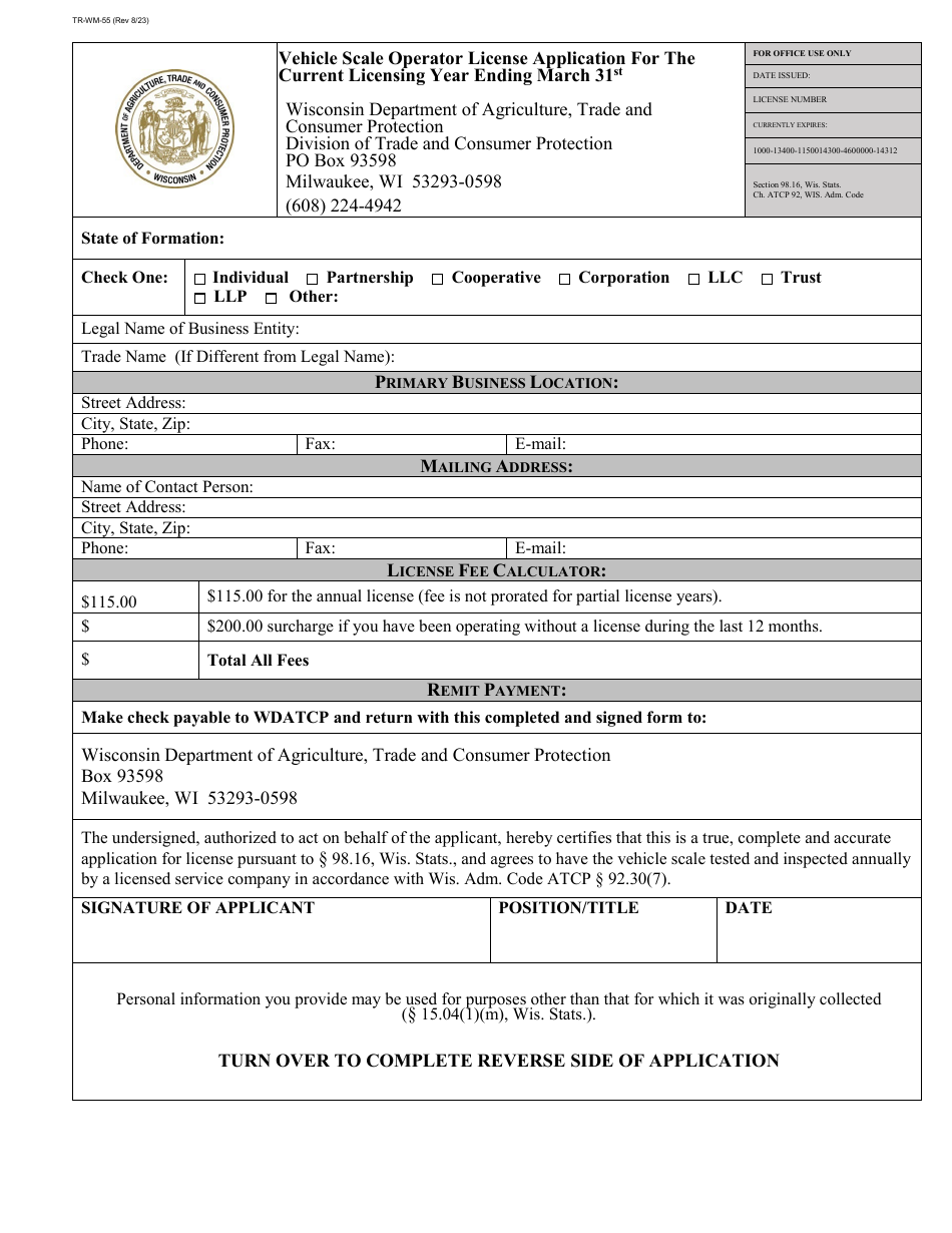 Form TR-WM-55 Vehicle Scale Operator License Application - Wisconsin, Page 1