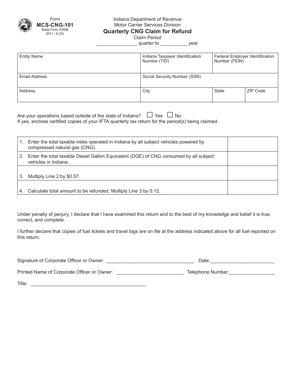 Form MCS-CNG-101 (State Form 55598) Quarterly Cng Claim for Refund - Indiana, Page 1