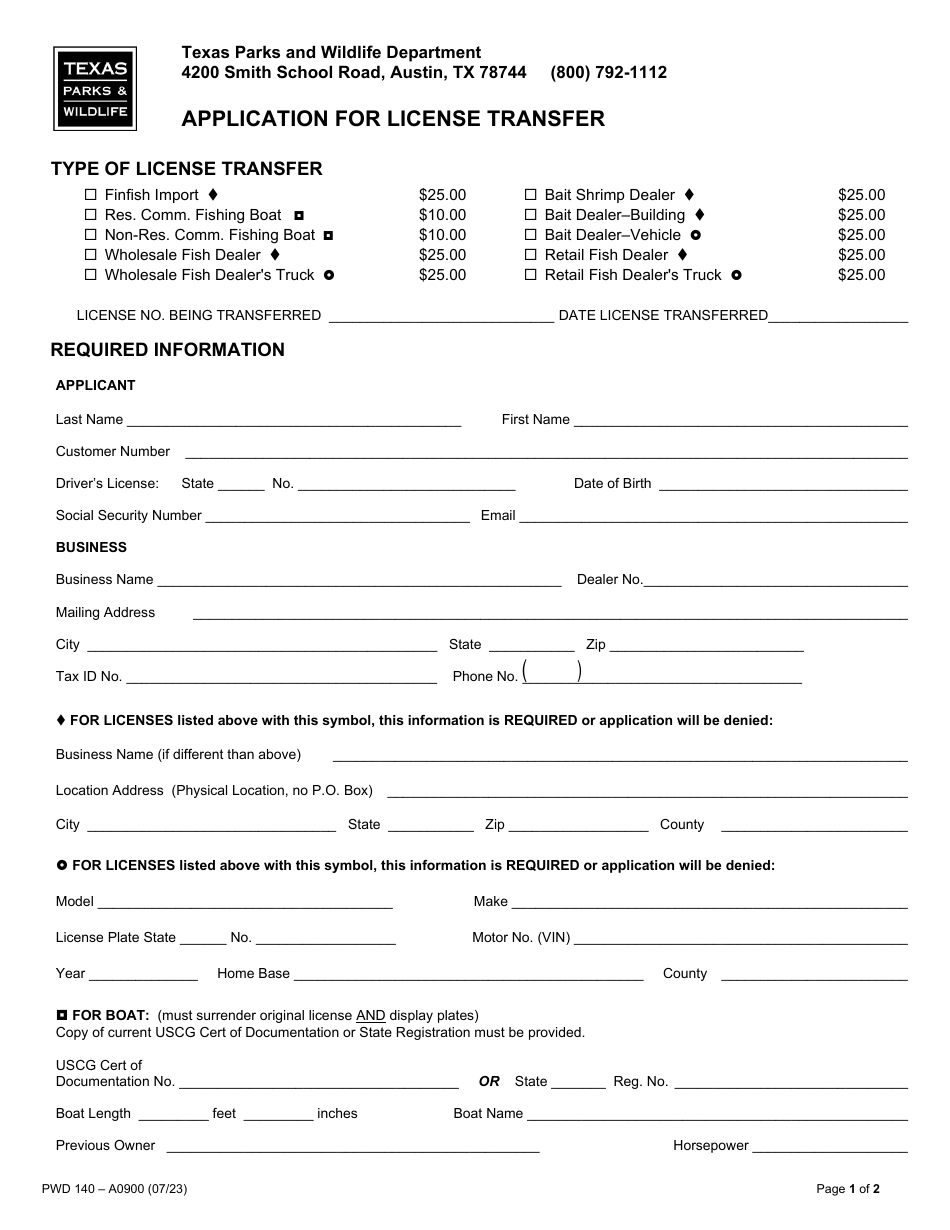 Form PWD140 Application for License Transfer - Texas, Page 1