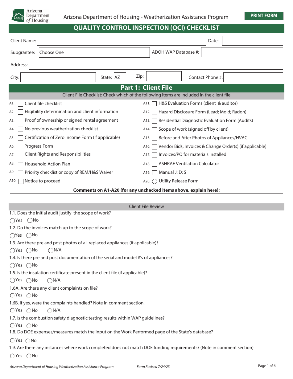 Quality Control Inspection (Qci) Checklist - Weatherization Assistance Program - Arizona, Page 1