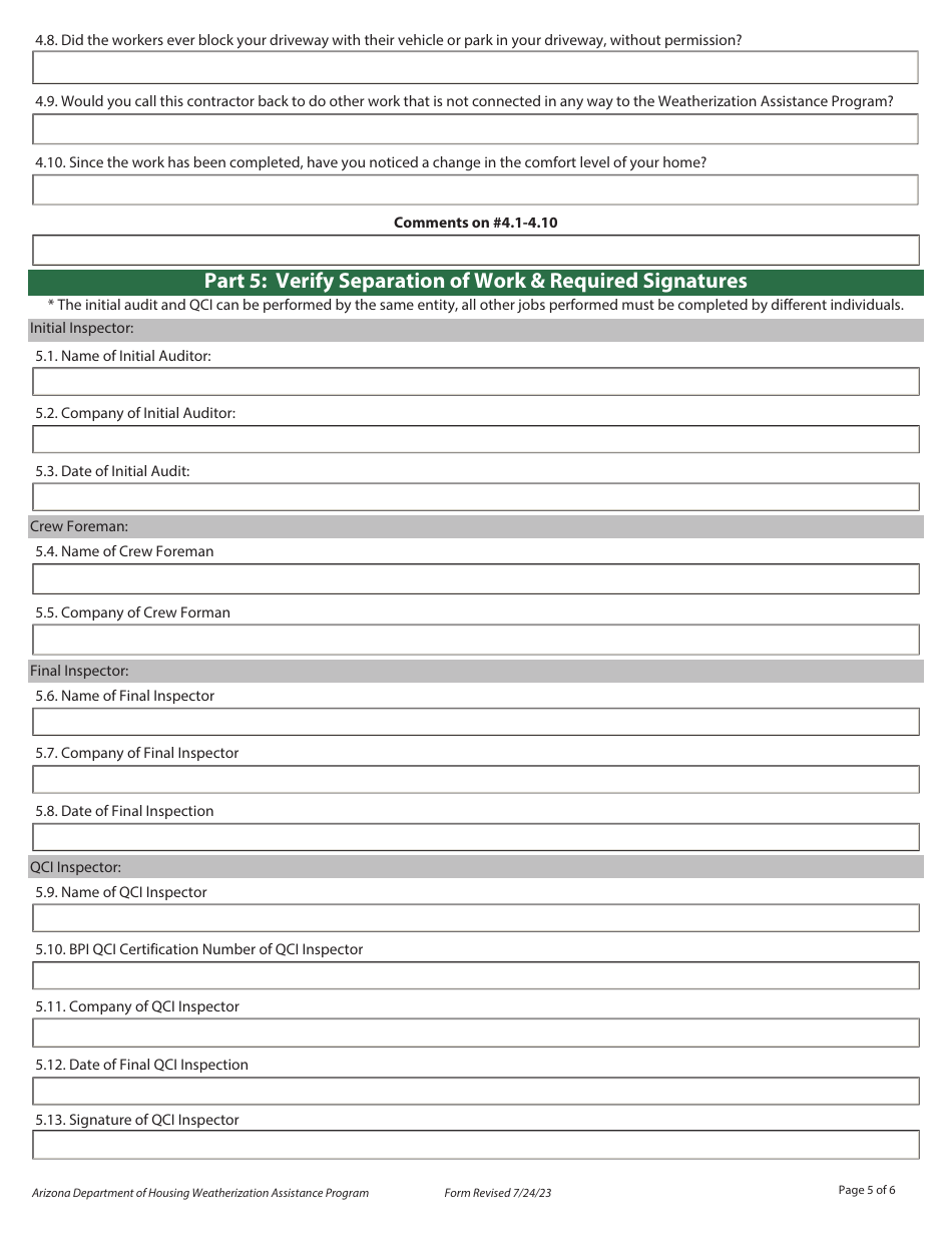 Quality Control Inspection (Qci) Checklist - Weatherization Assistance Program - Arizona, Page 5