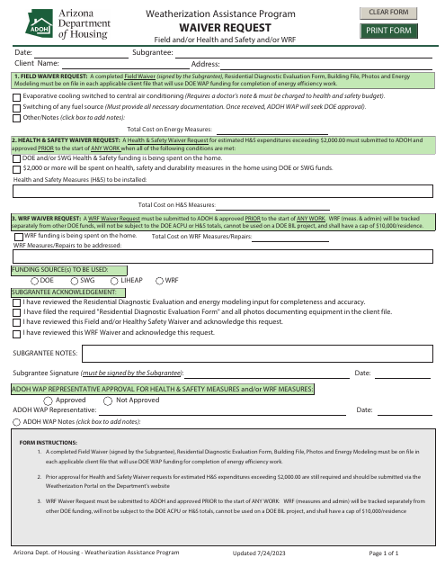 Waiver Request - Weatherization Assistance Program - Arizona Download Pdf