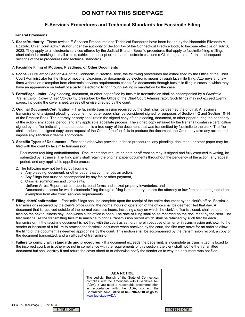 Form JD-CL-73 Facsimile Transmission Cover Sheet - Connecticut, Page 2