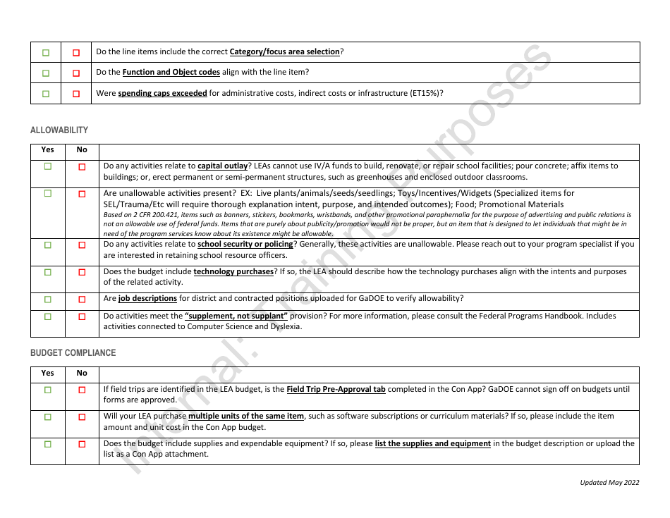 Title IV, Part a Budget Review Checklist for Area Specialists - Georgia (United States), Page 3
