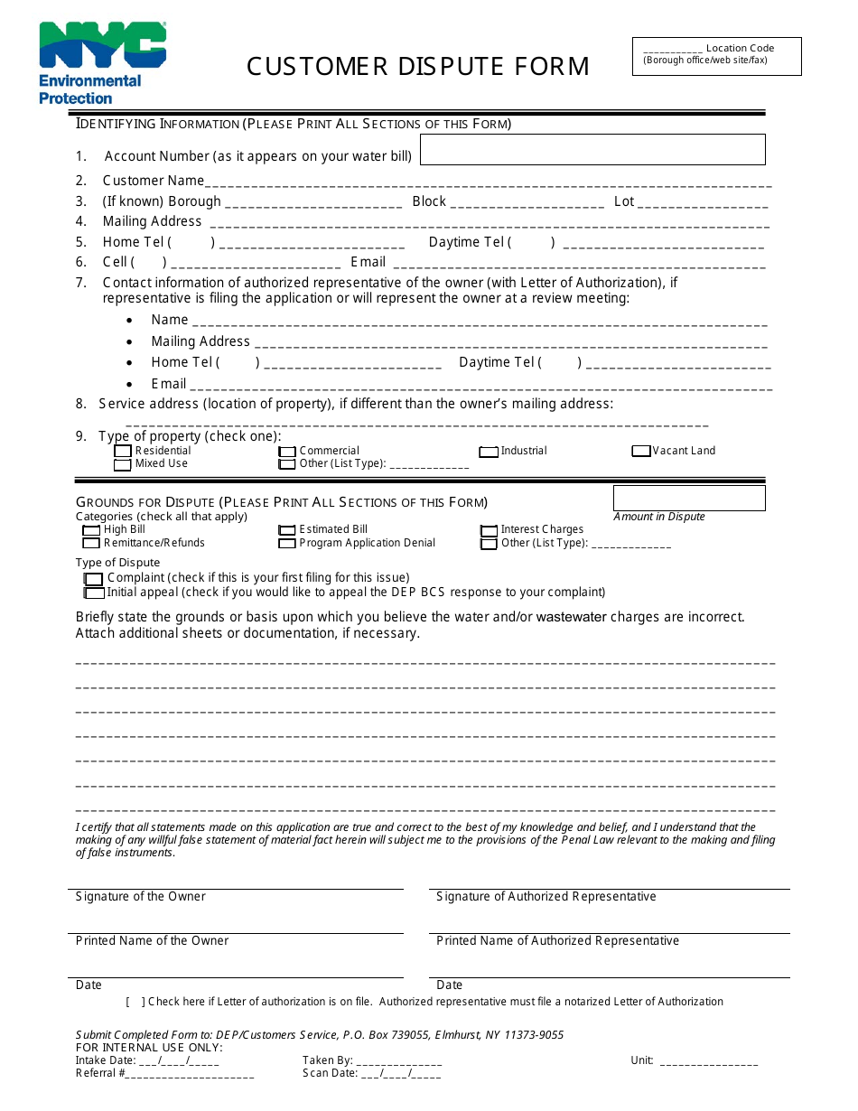 Customer Dispute Form - New York City, Page 1