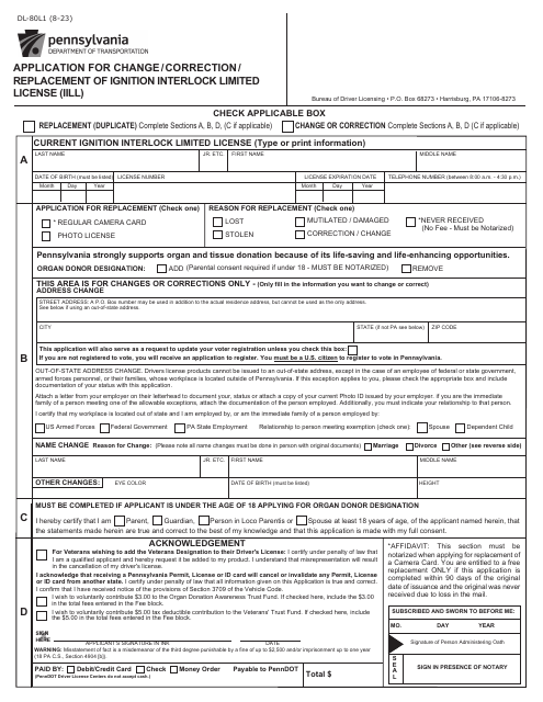 Form DL-80L1 Application for Change/Correction/Replacement of Ignition Interlock Limited License (Iill) - Pennsylvania