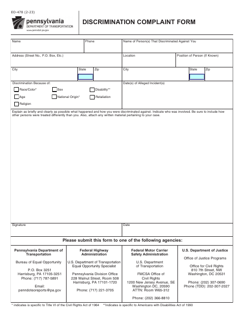 Form EO-478 Discrimination Complaint Form - Pennsylvania