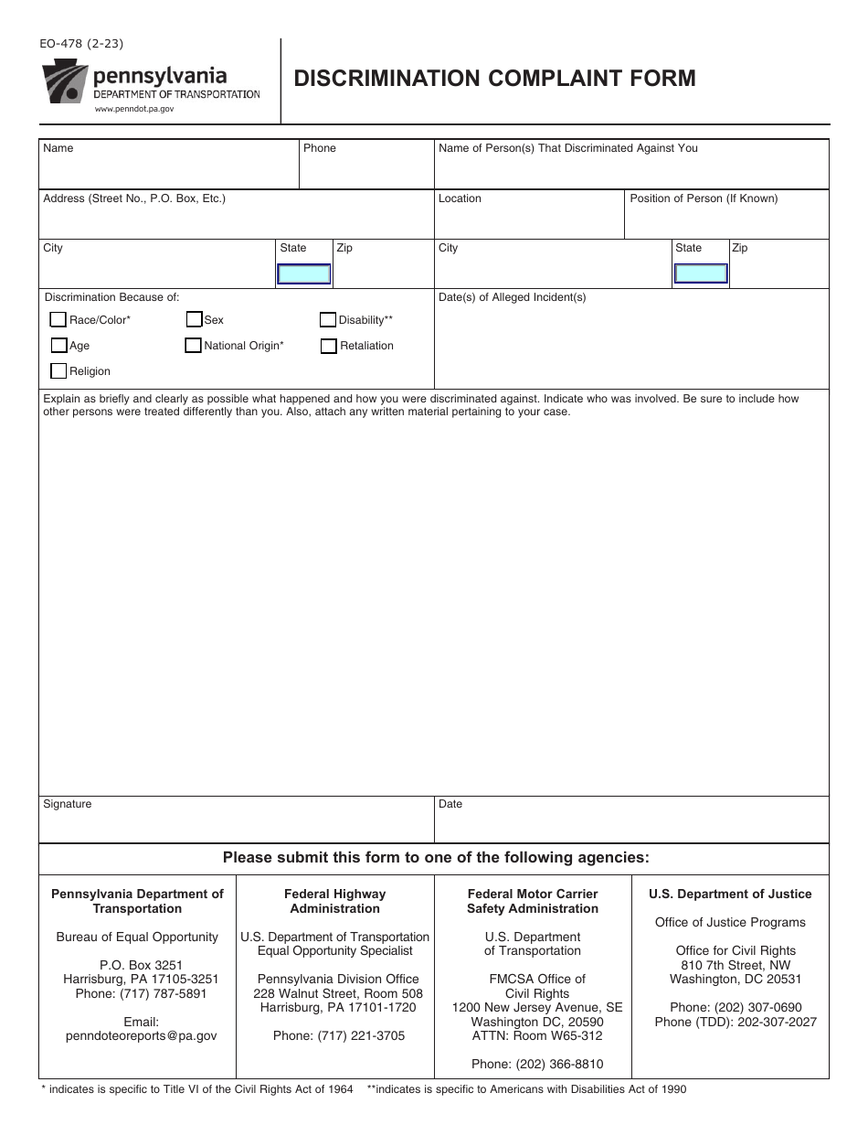 Form EO-478 Discrimination Complaint Form - Pennsylvania, Page 1