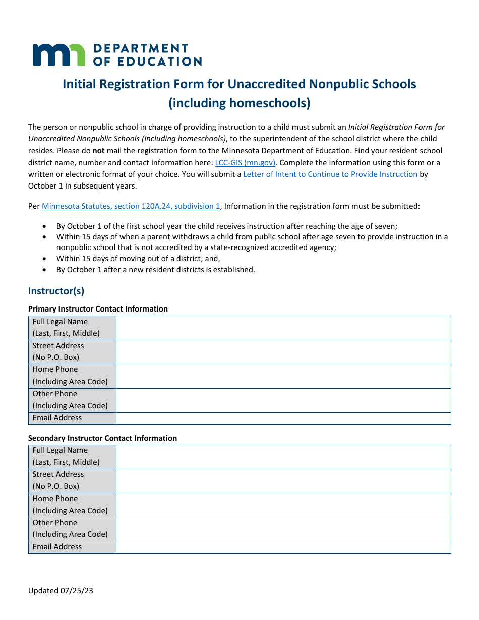 Initial Registration Form for Unaccredited Nonpublic Schools (Including Homeschools) - Minnesota, Page 1