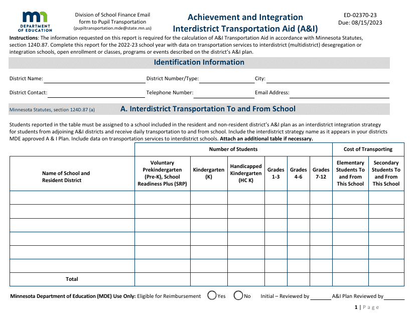 Form ED-02370-23 Achievement and Integration Interdistrict Transportation Aid (A&i) - Minnesota, 2023