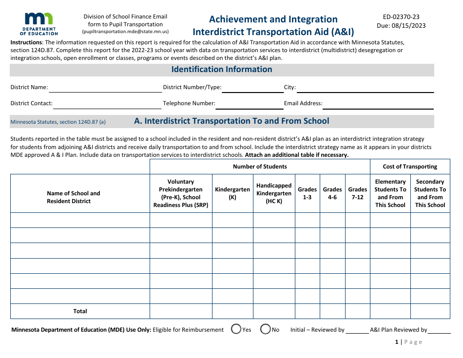 Form ED-02370-23 Achievement and Integration Interdistrict Transportation Aid (Ai) - Minnesota, Page 1