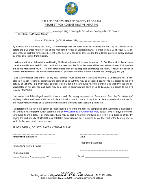 Request for Administrative Hearing - Orlando Stops Traffic Safety Program - City of Orlando, Florida Download Pdf