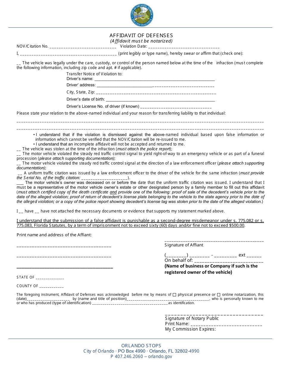 Affidavit of Defenses - City of Orlando, Florida, Page 1