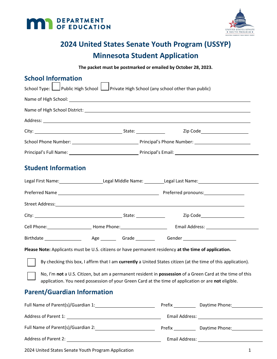Minnesota Student Application - United States Senate Youth Program (Ussyp) - Minnesota, Page 1