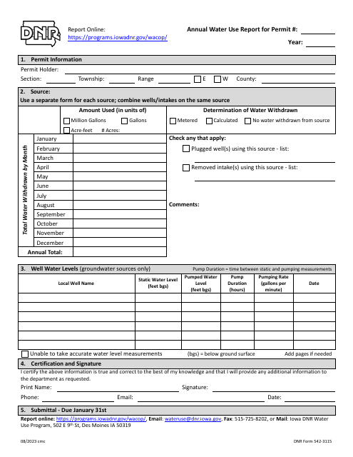 DNR Form 542-3115 Annual Water Use Report - Iowa