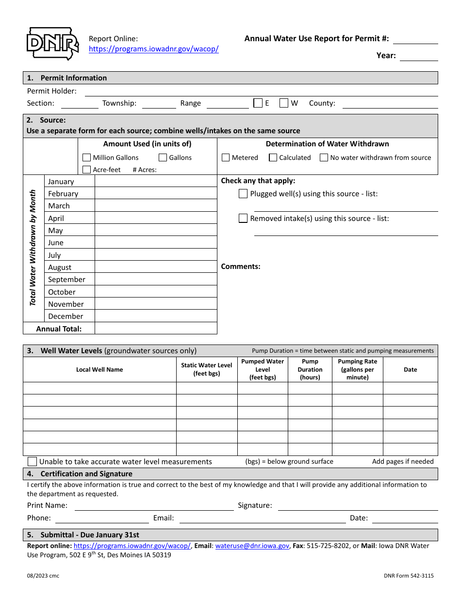 DNR Form 542-3115 Annual Water Use Report - Iowa, Page 1