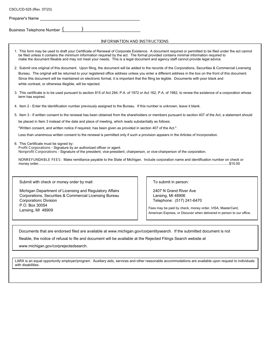 Form CSCL / CD-525 Certificate of Renewal of Corporate Existence for Use by Domestic Corporations - Michigan, Page 2