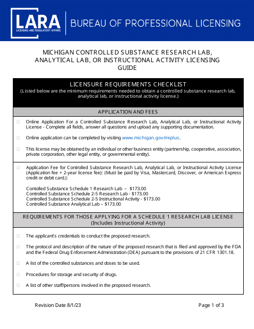 Michigan Controlled Substance Research Lab, Analytical Lab, or Instructional Activity Licensing Requirements Checklist - Michigan
