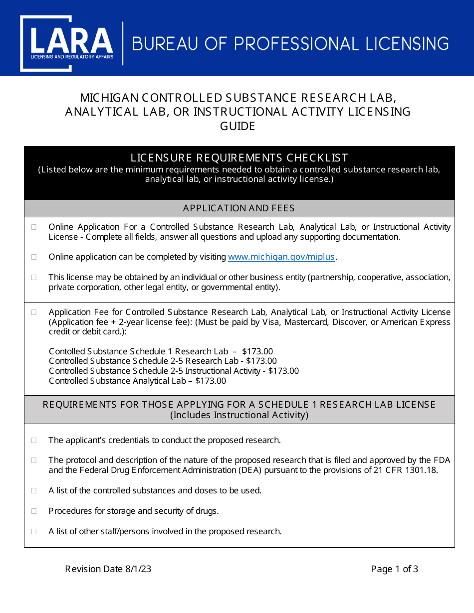 Michigan Controlled Substance Research Lab, Analytical Lab, or Instructional Activity Licensing Requirements Checklist - Michigan, Page 1